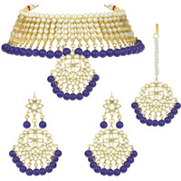 Peora Gold-plated Brass and Kundan, Pearl Necklace Earring Set With Maang Tikka for Women & Girls (Blue_170 gm)