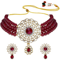 Peora Gold Plated Kundan Maroon Choker Necklace Beaded Traditional Jewellery Set for Women