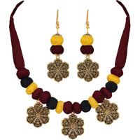 JFL - Jewellery for Less Fashion Handcrafted Gold German Silver Oxidized Cotton Beads with Maroon Cotton Adjustable Thread Necklace Set (Yellow & Black) Unisex Adult