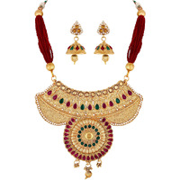 ASMITTA Traditional Bridal Designer Gold Plated Choker Pink & Green & LCT Stone Necklace Set for Women