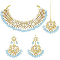 Peora 18K Gold Plated Traditional Kundan Pearl Faux Pearl Choker Necklace with Earring Maang Tikka Jewellery Set for Women Girls (Sky Blue)