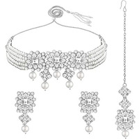 I Jewels 18K Rhodium Plated Pearl & Kundan Studded Choker Necklace Jewellery Set with Earrings & Maang Tikka for Women (ML224ZW)