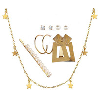 Jewels Galaxy Marvellous Pearl Gold Plated Geometric Earrings with Hair Clip and Necklace for Women/Girls (CT-CB-MIXS-49533)