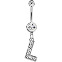 Initial Dangle Belly Button Rings | Embellished with CZ Crystals in Silver Letters A to Z | Ideal for Navel Piercings Belly Piercings - Initial L - BB-012