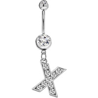 Initial Dangle Belly Button Rings | Embellished with CZ Crystals in Silver Letters A to Z | Ideal for Navel Piercings Belly Piercings - Initial X - BB-024