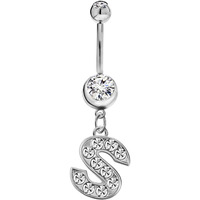 Initial Dangle Belly Button Rings | Embellished with CZ Crystals in Silver Letters A to Z | Ideal for Navel Piercings Belly Piercings - Initial S - BB-019