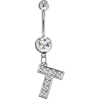 Initial Dangle Belly Button Rings | Embellished with CZ Crystals in Silver Letters A to Z | Ideal for Navel Piercings Belly Piercings - Initial T - BB-020