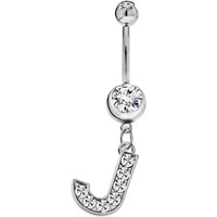 Initial Dangle Belly Button Rings | Embellished with CZ Crystals in Silver Letters A to Z | Ideal for Navel Piercings Belly Piercings - Initial J - BB-010