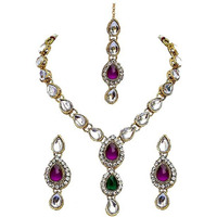 Lucky Jewellery 1-Line Purple Green Colour Kundan Set (MSK-1-LINE-PG)