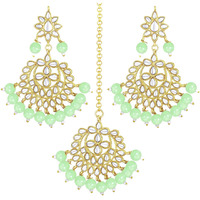 Peora Gold Plated Mint Kundan Faux Pearl Chandbali Earring Maang Tikka Jewellery Set for Women