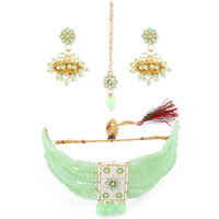 ZAVERI PEARLS Green Meenakari Crystal Beads Multistrand Necklace Earring & Maangtikka Set For Women-ZPFK10275