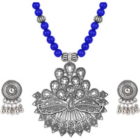 JFL - Jewellery for Less Contemporary Handcrafted Peacock German Silver Oxidized Beaded Necklace Set with Earrings for Women & Girls (Royal Blue),Valentine