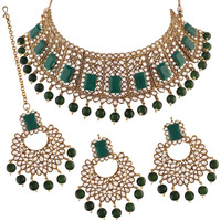 I Jewels Traditional Gold Plated Beads & Kundan Choker Necklace Jewellery Set With Maang Tikka for Women (ML232G)