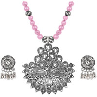 JFL - Jewellery for Less Silver Plated Layered Peacock Baby Pink Onyx Stone Necklace Set for Women,Valentine