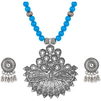 JFL - Jewellery for Less Contemporary Handcrafted Peacock German Silver Oxidized Beaded Necklace Set with Earrings for Women & Girls (Light Blue),Valentine