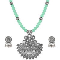 JFL - Jewellery for Less Contemporary Handcrafted Peacock German Silver Oxidized Beaded Necklace Set with Earrings for Women & Girls (Light Green),Valentine