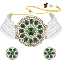 Peora Gold Plated Green Crystal White Pearl Adjustable Choker Necklace Beaded Jewellery Set for Women