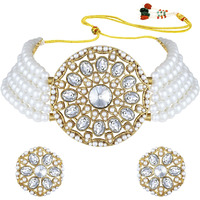 Peora Gold Plated Kundan White Pearl Adjustable Choker Necklace Beaded Jewellery Set for Women