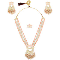 ZAVERI PEARLS Peach Meenakari Lotus Bridal Kundan Long Necklace Earring & Ring Set For Women-ZPFK14749