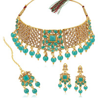 Sukkhi Amazing Gold Plated LCT & Sky Blue Pearl Choker Necklace Set for Women (SKR70398), free size