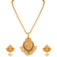 Sukkhi Ethnic Laxmi Gold Plated Temple Jewellery Pearl Long Haram Necklace Set for Women (N72336GLDPRL092017)