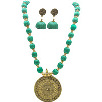 MDS FASHIONS Silk Thread Beads with Antique Chakra Necklace and Earrings set for Beautiful Women (MDS-1046) (PeacockGreen)