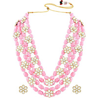 Peora Ethnic Beads & Kundan Studded Four Layered Necklace & Stud Earring Fashion Jewellery Set Gift for Women & Girls (Pink)