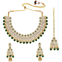 Peora Gold Plated Bridal Kundan Green Faux Pearl Choker Necklace with Earrings Maang Tikka for Women Indian Traditional Jewellery set