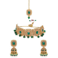 ZAVERI PEARLS Green Stones & Beads Wedding Collection Necklace Earring & Maangtikka Set For Women-ZPFK10167