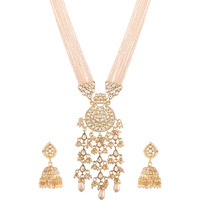 I Jewels 18k Gold Plated Ethnic Kundan Pearl Studded Long Necklace Set For Women (ML296W)