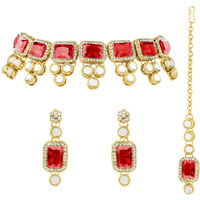 Peora 18K Gold Plated Kundan Red Crystal Necklace Earring Maang Tikka Traditional Jewellery Set for Women Girls