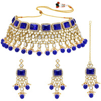 Peora Traditional Crystal Choker Necklace Earring Maang Tikka Jewellery Set for Women