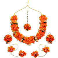 Pinoozclub Orange Fabric Flower Jewellery for Women and Gilrs | Bride Jewellery Set | Necklace | Earring | Maangtika | Hathfool | Pack of 1