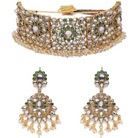 ZAVERI PEARLS Green Stones Wedding Collection Kundan Choker Necklace & Earring Set For Women-ZPFK10237