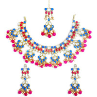 Karatcart Kundan Necklace with Earrings and Maang Tikka for Women ( Blue )