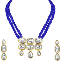 Peora Gold Plated Crystal Faux Pearls Necklace with Drop Earrings Jewellery Set for Girls & Women (Blue)