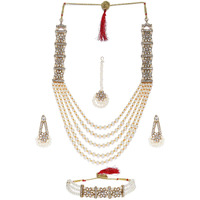 ZAVERI PEARLS Gold Tone Multistrand Pearls Choker & Layered Necklaces Earring & Maangtikka Set For Women-ZPFK10119