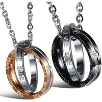 Peora His Her Titanium Steel Love Engraved Rings Couple Pendant Necklace Matching Set for Unisex Adult (Multi-Colour)