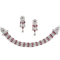 ZENEME Fashion Jewellery Antique Oxidised Silver Plated Red American Daimond Studded Light Weight Choker Necklace With Earrings Jewellery For Women & Girls (RED)