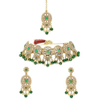 ZAVERI PEARLS Green Stones & Beads Wedding Collection Kundan Choker Necklace Earring & Maangtikka Set For Women-ZPFK10117