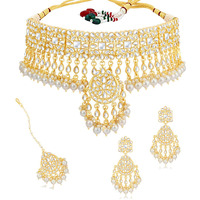 Sukkhi Exclusive Kundan Gold Plated Pearl Choker Necklace Set for Women (SKR85708), White, Free Size