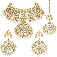 I Jewels 18K Gold Plated Traditional Handcrafted Kundan & Pearl Studded Choker Necklace Jewellery Set With Earrings & Maang Tikka For Women (K7057W)