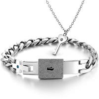 Peora Cuban Stainless Steel Bracelet with Key Pendant Chain Necklace for Men and Women