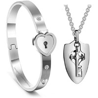 Jewelgenics Silver Stainless Steel Cubic Zirconia Heart Lock and Oval Key Couple Bracelet Pendant Necklace Set for Men and Women