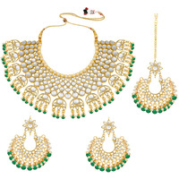 Peora 18K Gold Plated Indian Traditional Kundan Green Necklace Earrings with Maang Tikka Jewellery Set for Women