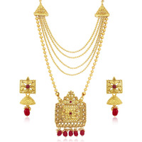 Sukkhi Floral Gold Plated Wedding Jewellery LCT Stone Long Haram Necklace Set For Women (N83785)