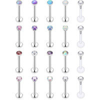 SCERRING 20PCS 16G 8mm Stainless Steel Labret Monroe Lip Ring Tragus Nail Helix Earring Stud Piercing Jewelry with 2mm Clear CZ Opal