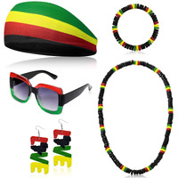 5 Pieces Rasta Womens Jewelry Set Rasta Accessories for Women Include Rasta Headband, Rasta Sunglasses, Wood Dangle Earrings, Jamaica Necklace, Jamaica Bracelet for Women