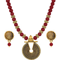 JFL - Jewellery for Less Gold Maroon Beaded Necklace set Keyhole pendant design adjustable length designer set for women & girls,Valentine