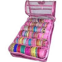 atorakushon Satin Pink Jewellery Bangle Storage Box Makeup Pouch 6 Rods Bangle Travelling Organizer for Women